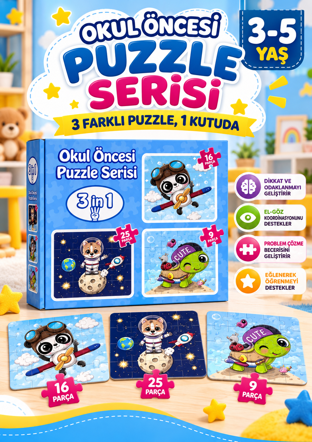 Okul Öncesi Yapboz 3 Adet Farklı Tasarım Tek Kutu Mavi